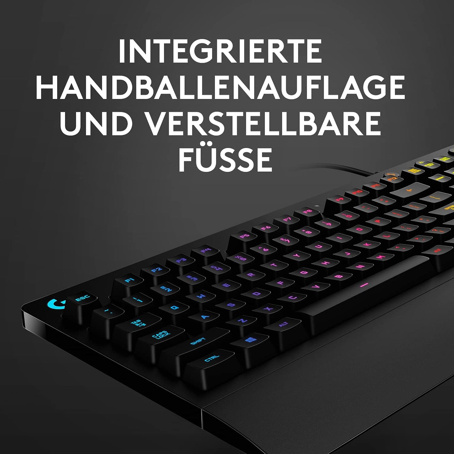 👉 Gaming-Tastatur – RGB-Beleuchtung, programmierbare Tasten, Multimedia-Bedienelemente, integrierte Handballenauflage, spritzwassergeschützt, deutsches QWERTZ-Layout, Schwarz