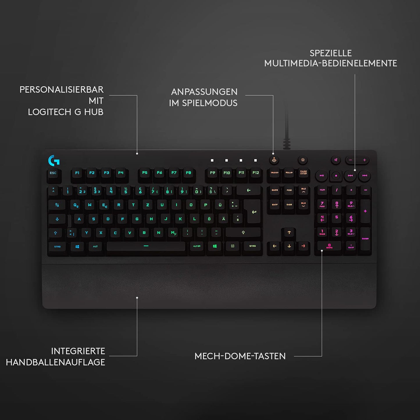 👉 Gaming-Tastatur – RGB-Beleuchtung, programmierbare Tasten, Multimedia-Bedienelemente, integrierte Handballenauflage, spritzwassergeschützt, deutsches QWERTZ-Layout, Schwarz