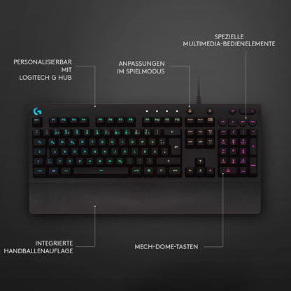 👉 Gaming-Tastatur – RGB-Beleuchtung, programmierbare Tasten, Multimedia-Bedienelemente, integrierte Handballenauflage, spritzwassergeschützt, deutsches QWERTZ-Layout, Schwarz