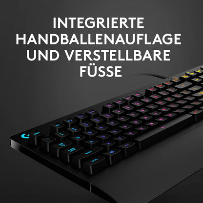 👉 Gaming-Tastatur – RGB-Beleuchtung, programmierbare Tasten, Multimedia-Bedienelemente, integrierte Handballenauflage, spritzwassergeschützt, deutsches QWERTZ-Layout, Schwarz